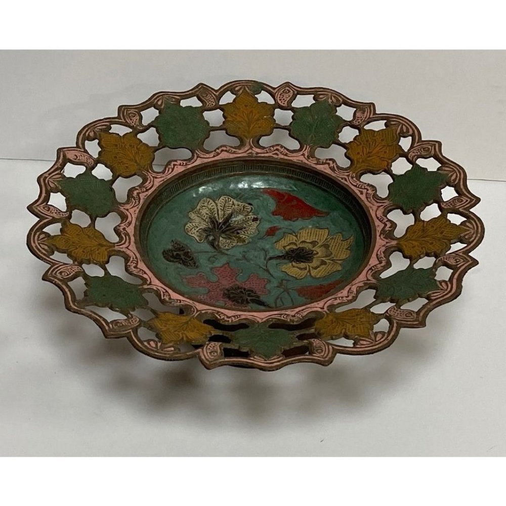 Hampton Brass Cloisonné Pedestal Bowl Boho Floral Pink Enamel Green